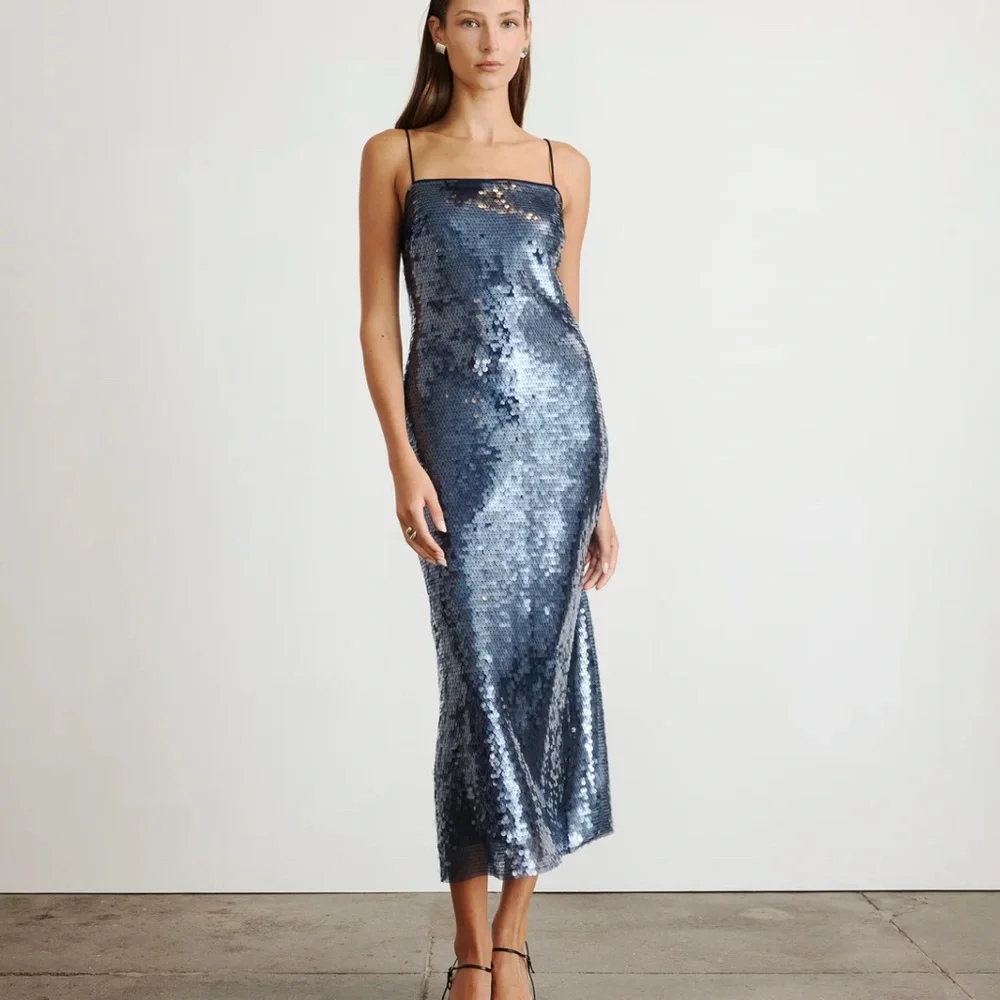Tanya Taylor Blue Sequin Midi Lenox Dress - Picture 3 of 7